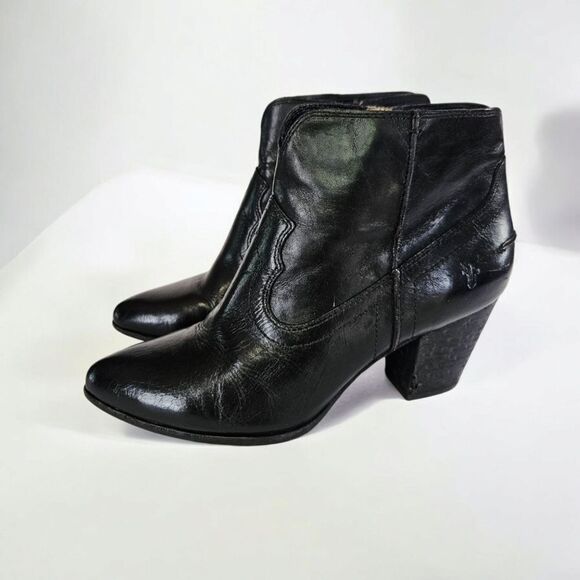 Frye Shoes - Frye Renee Seam Short Leather Stacked Heel Pointed Toe Boot Bootie In Black 9